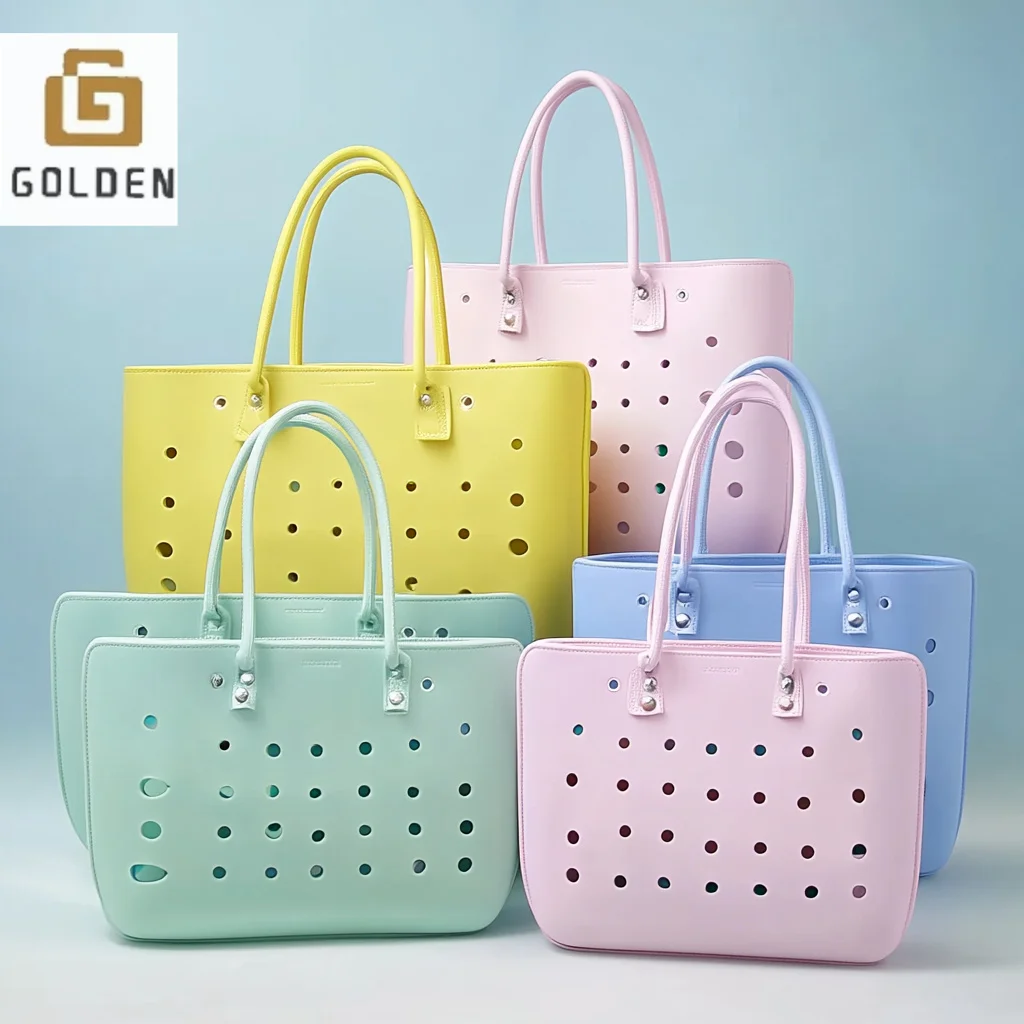 Golden Wholesale Fashion Hot Factory Waterproof Eva Silicone Summer Rubber Handbags Custom Logo Canvas Women Tote Bag