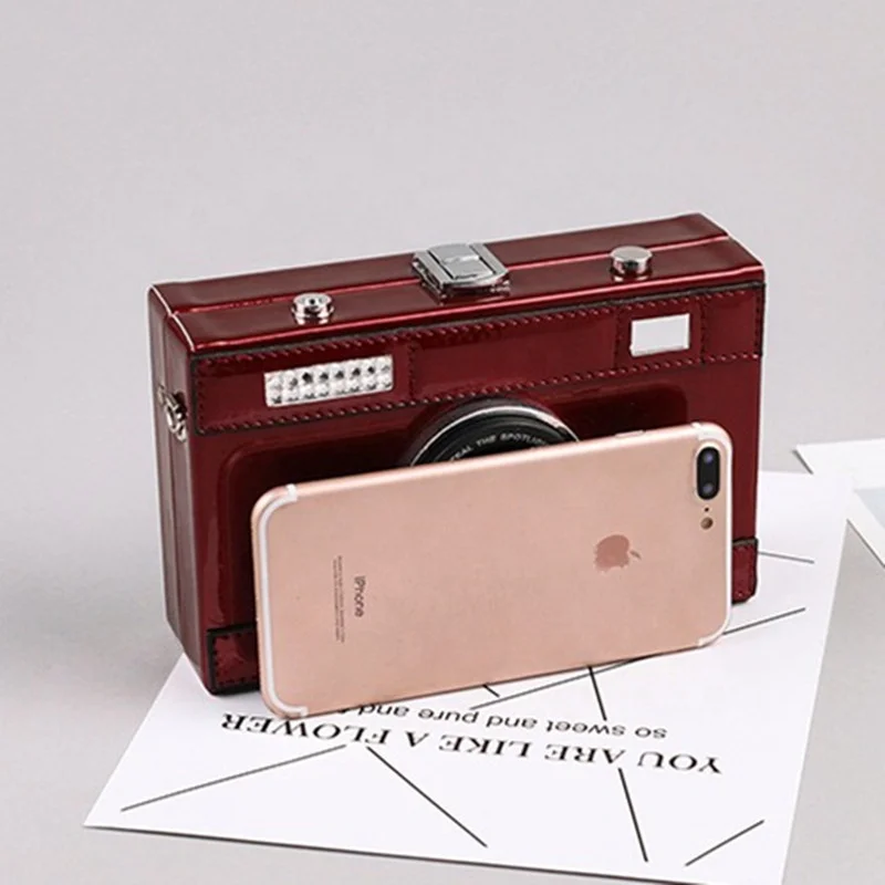 Fashion Personality Camera Removable Silver Chain Strap Zipper Mirror Leather Sling Mini Messenger Cross Body Clutch Bags