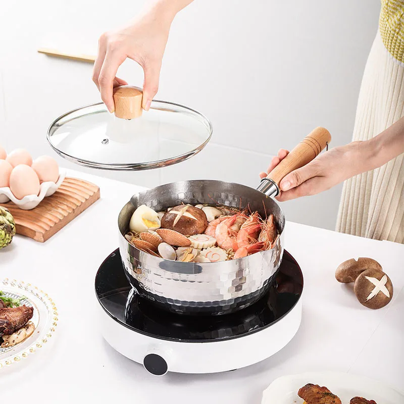 Uncoated food pot with wooden handle, stainless steel hammer pattern design, flat bottom double layer multi-purpose pot