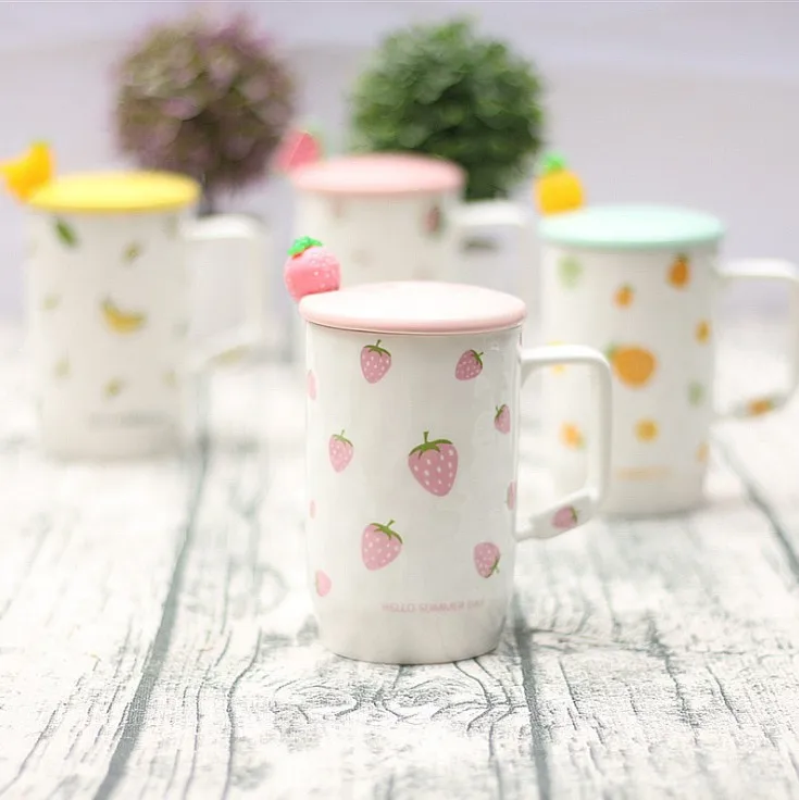 UCHOME Creative colorful fruit casual cup with lid with spoon cup strawberry banana ceramic mug