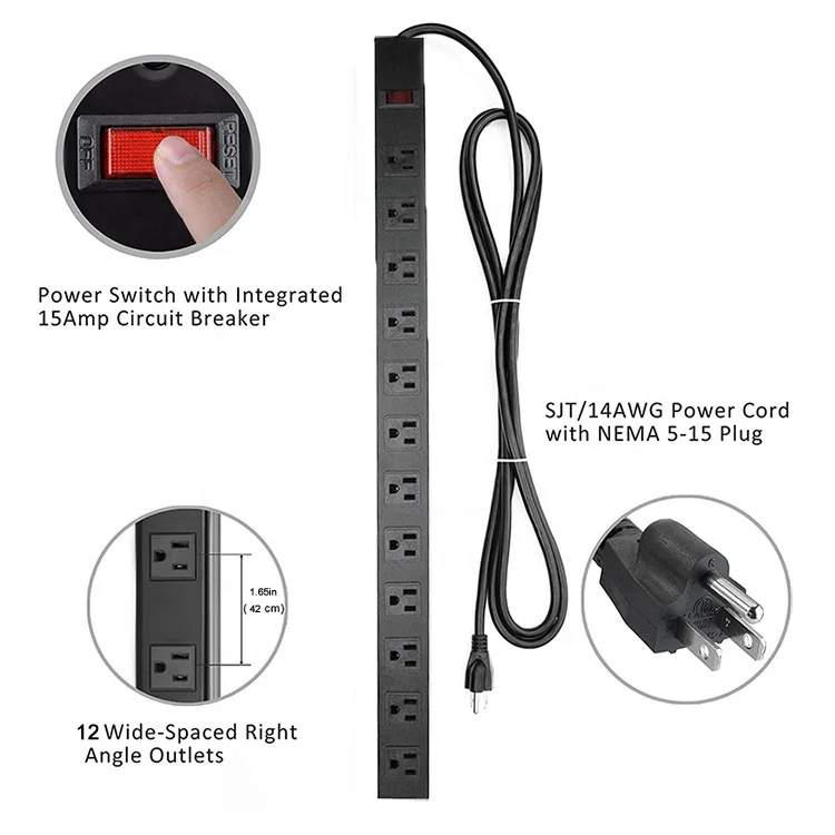 heavy duty 15a metal power strip surge protector extension cord 10ft 15ft power cord