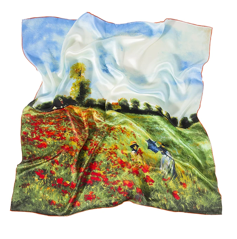 Oil painting Outing 90*90cm large Square silk  Scarf for Female 100% Pure Mulberry Silk Scarf  Fashion Headband Silk