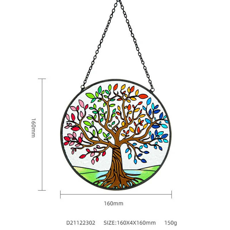 Tree of Life Stained Glass Suncatcher Colorful Leaves Window Wall Hanging Ornament Hand-Painted Glass Panel Decor