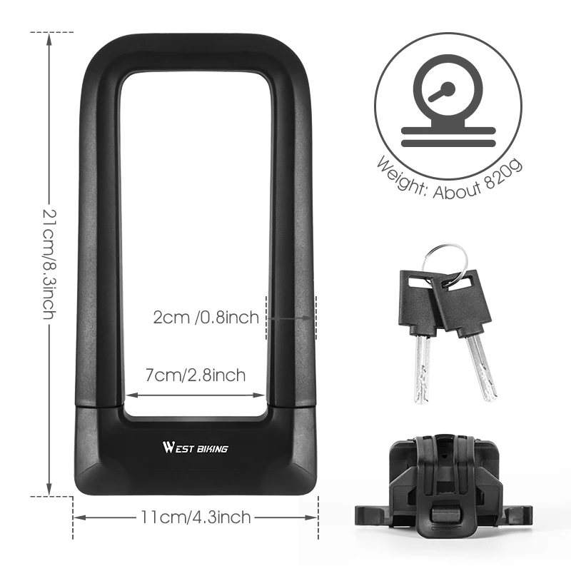 WEST BIKING Popular Custom Bike Bicycle Cycle Cable Steel U Locks With 2 Keys Security Anti Theft U-Lock Home Door U Shape Lock
