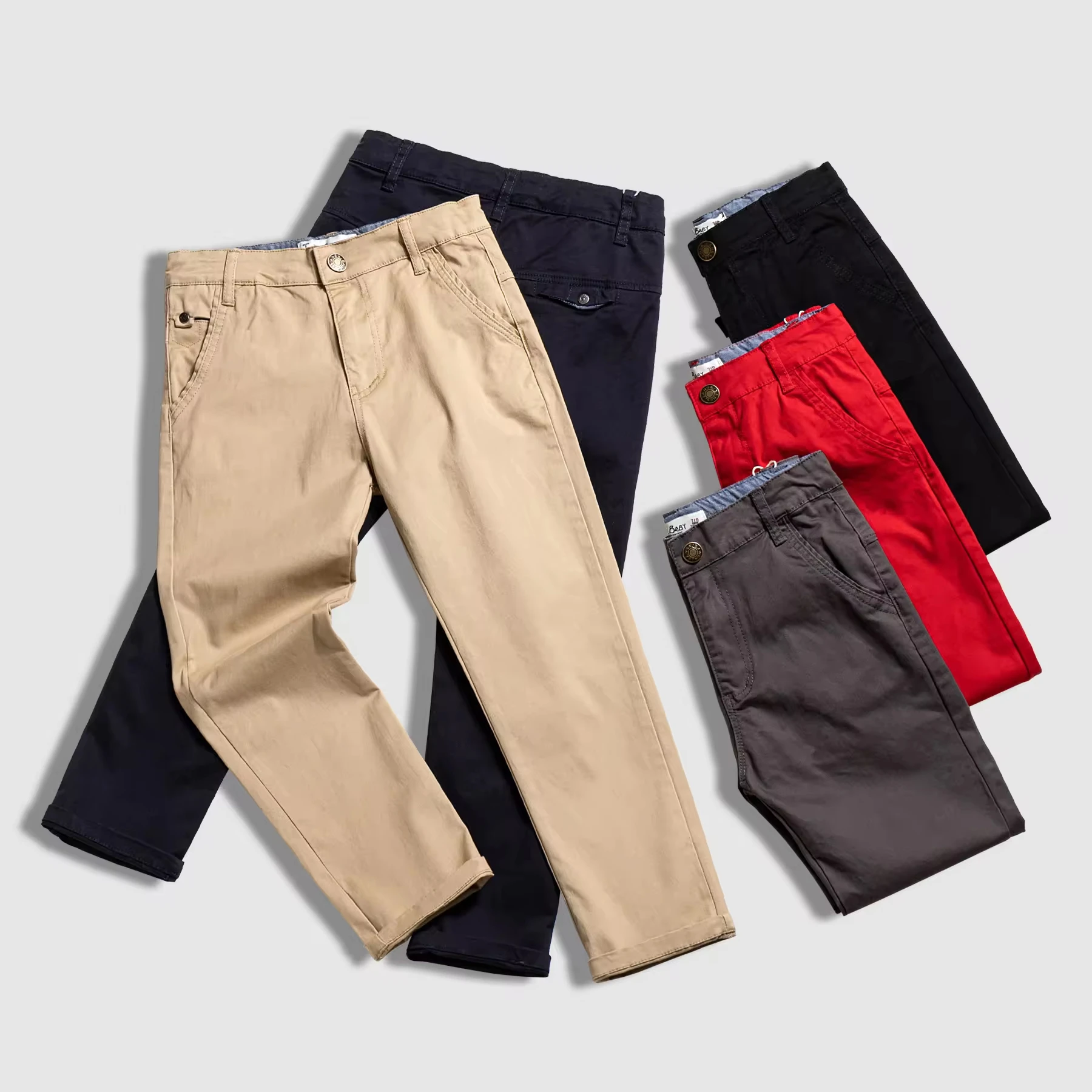 Детские повседневные облегающие брюки эластичные из чистого хлопка цвета хаки для мальчиков