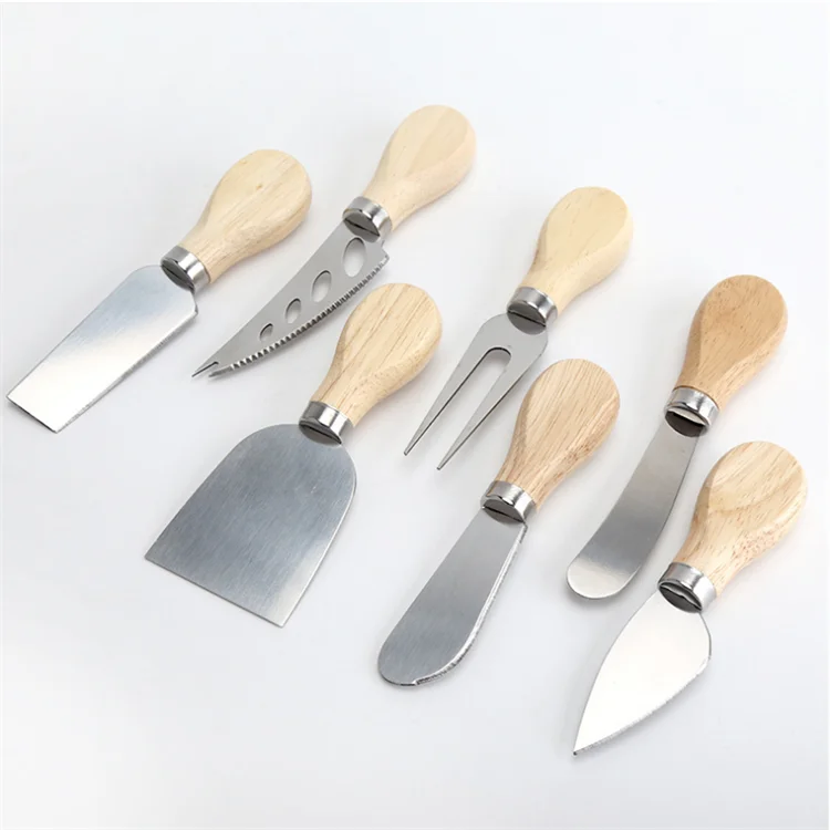 Набор ножей и вилок из нержавеющей стали, набор из 7 резцов для сыра и торта с деревянной ручкой, миниатюрная кухонная лопатка для пиццы