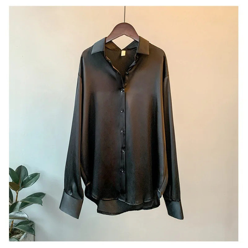 YiXin Blouses For Womens 2022 Plain Long Sleeve Silk Satin Blouse For Women Office Business Casual White Blouse Women