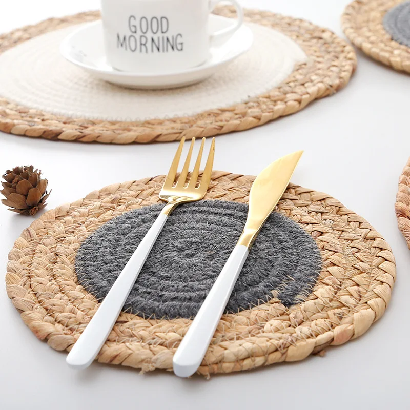 Straw round placemats Nordic minimalist style Handmade woven cotton woven mat water hyacinth cotton placemats