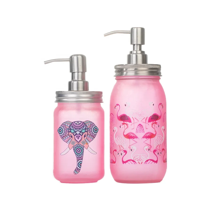Refillable Household 16oz 25oz Square Round Pink Glass Soap Liquid Dispenser Jar With Stainless Steel Pump For Hand Washing