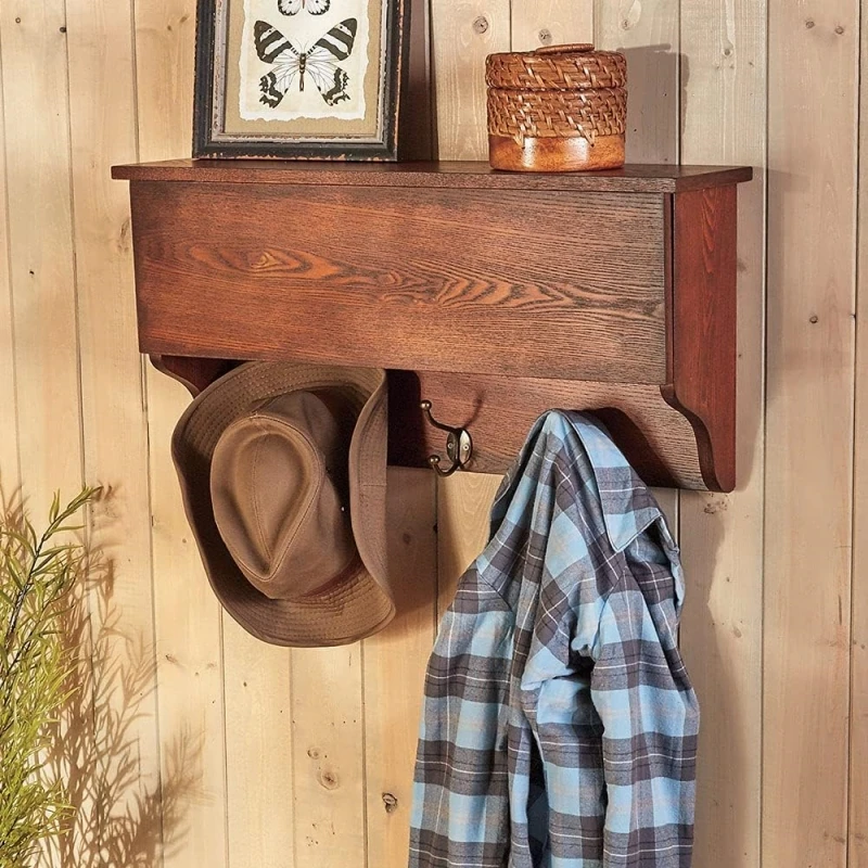 Rustic Wall Mounted Wood Concealment Shelf Storage Organizer Wooden Floating Shelf With 3 Hanging Hooks and Secret Compartment