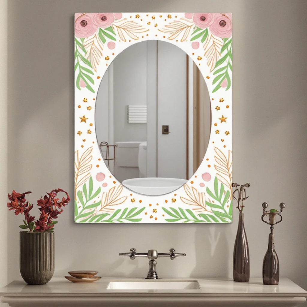 Custom Carved Mosaic PVC Acrylic Mirror Green Flower Design Frameless Hanging with Rope Elegant Ramadan Gift for Home & Hotel