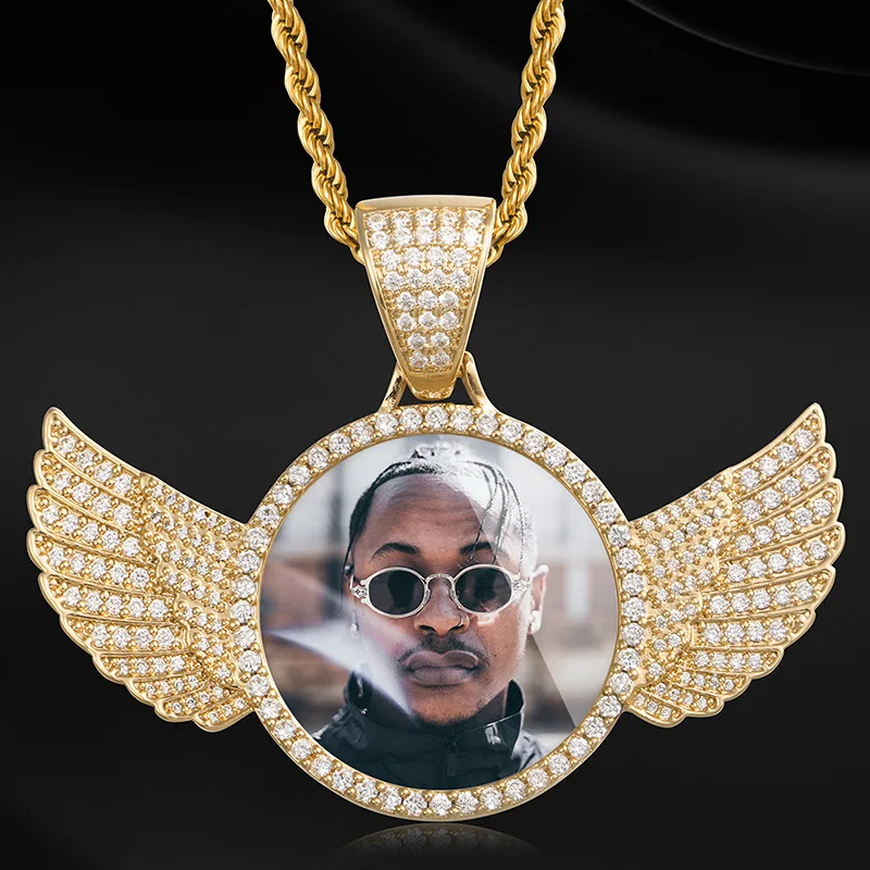 European and American custom photo memory other side wings photo frame medal solid color solid pendant hip hop jewelry necklace