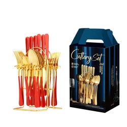 Gold Stainless Steel 24 Pieces Cutlery Sets With Stand knife fork spoon tableware