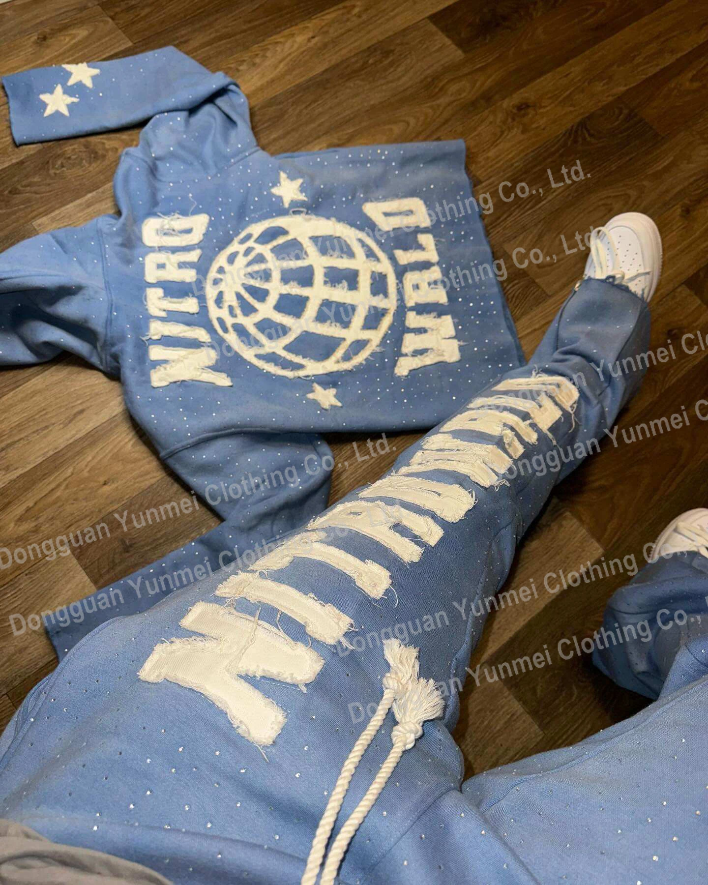 Custom Sweat Stack Pant Track Suits Acid Wash Tracksuit Rhinestone Zip Up Hoodie And Flare Sweatpants Sweatsuit Set For Men
