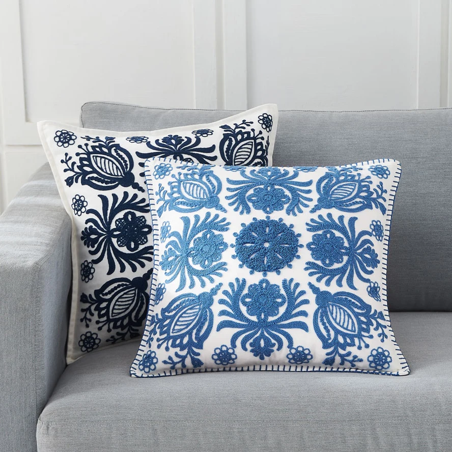 Monad High Quality Ethnic Indian Indigo Blue Embroidery Flowers Throw Pillow Cushion Cover With Overlock