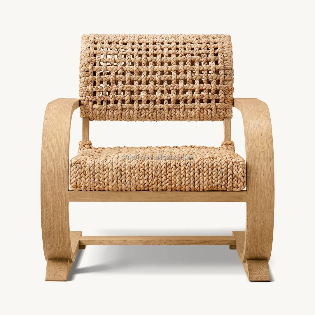 Ferly 2024 New Modern Living Room Chair Handwoven Rattan Hyacinth Back Solid Oak Wood Side chair Accent Armchair