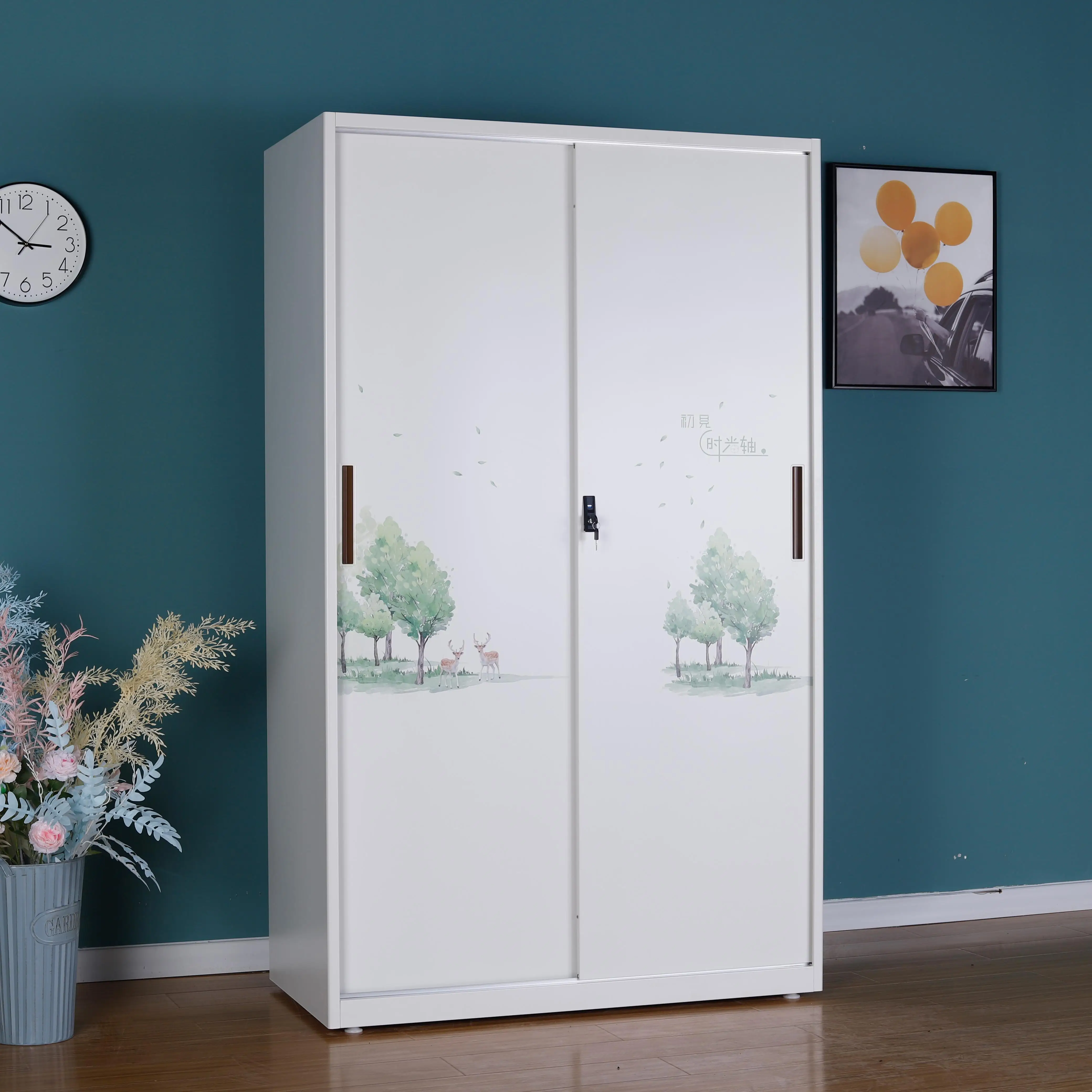 Home Sliding Metal Furniture Bedroom Cheap Lemari Pakaian Closet Cabinet Children Kids Pattern Cloth Baby Wardrobe for Child