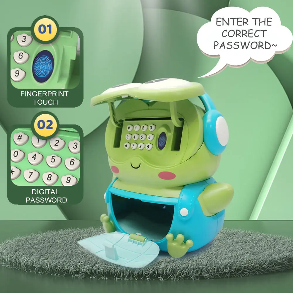 Battery Power Cute Frog Backpack Money Musical Frog Fingerprint Touch Digital Custom Password Atm Savings Piggy Bank For Kids