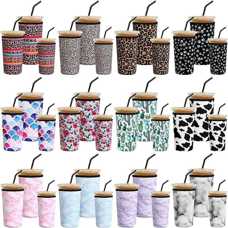 custom logo print reusable thermal 16 22 32 oz neoprene iced coffee beverage sleeve hot cold drink cup holder coozies