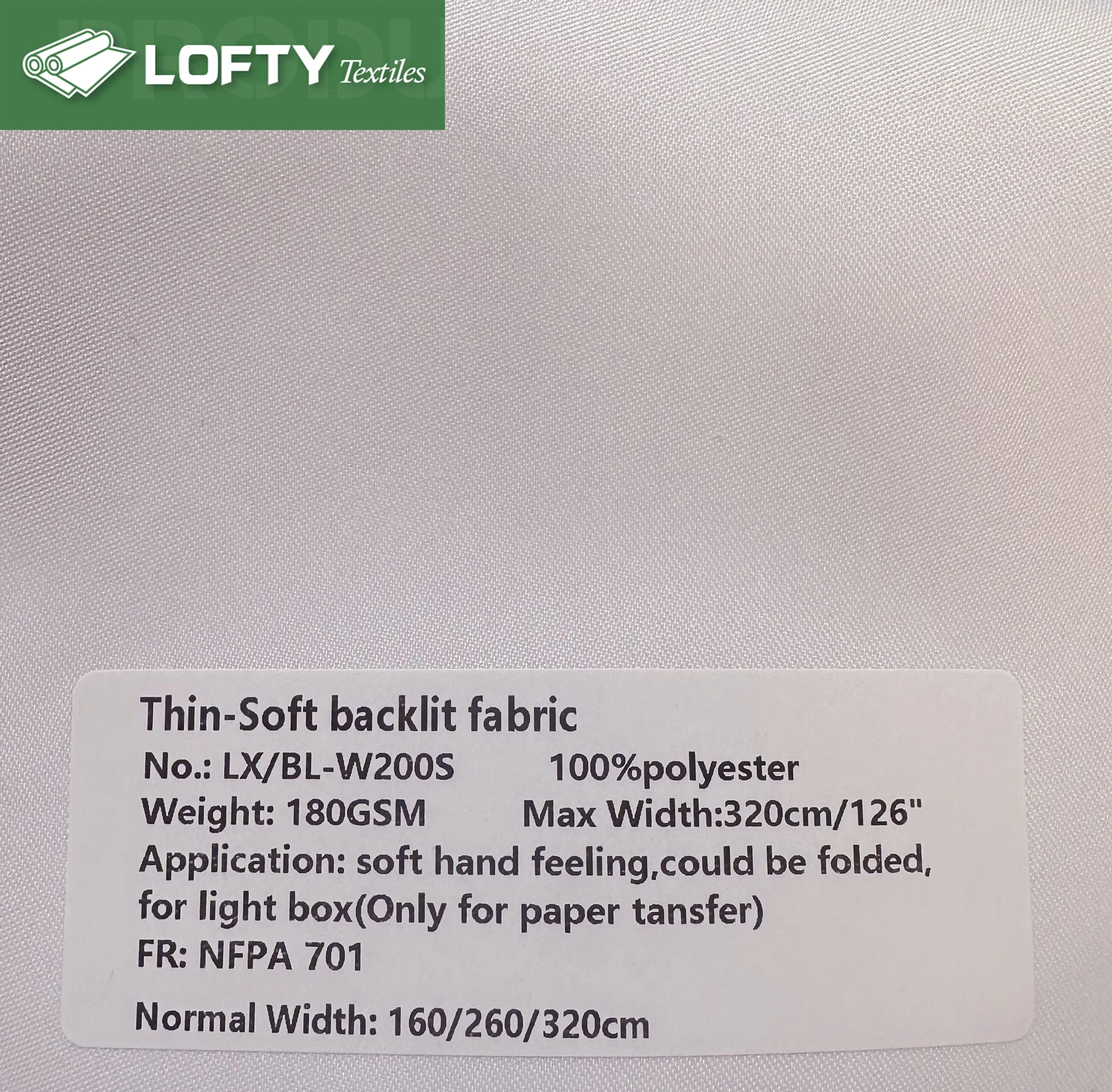 180gsm Lightbox fabric with light diffusion layer, for brilliant images, ideal for sublimation print, very soft.