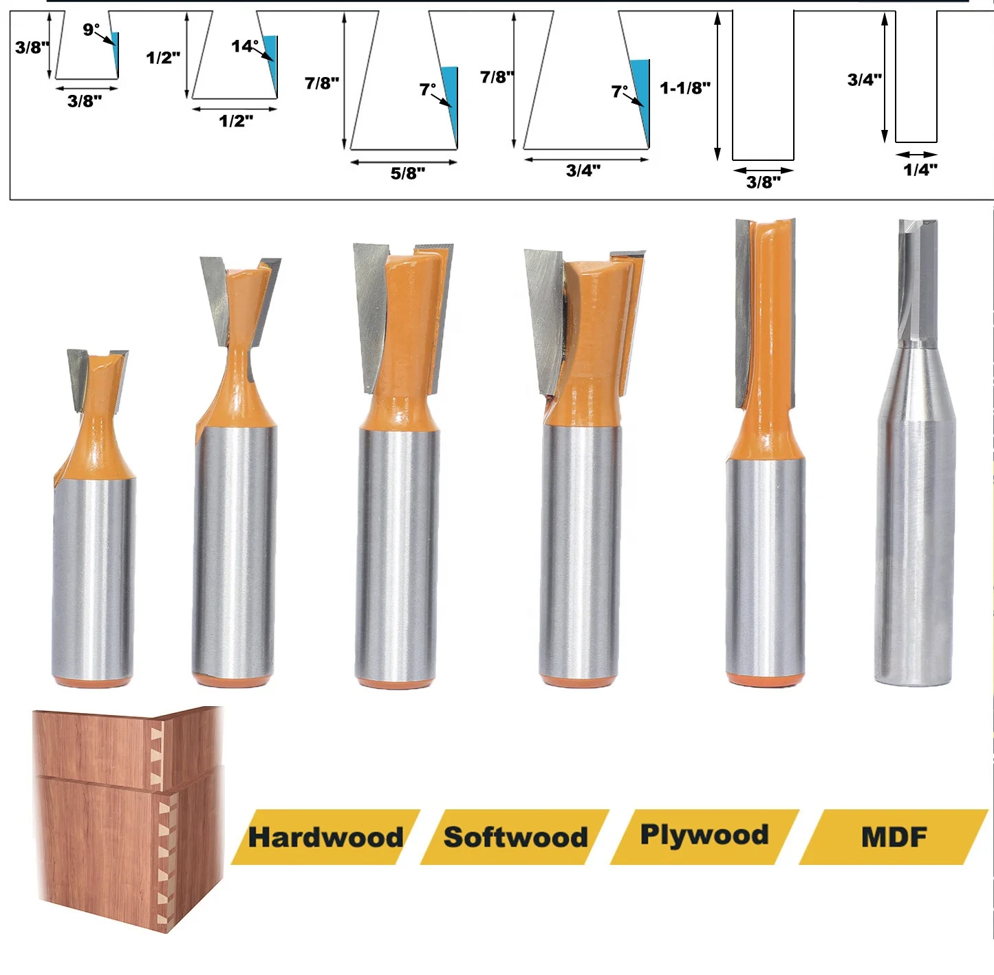 Dovetail Joints Router Bits 7 Degree &14 Degree Dovetail Jigs for Composition Material Drawers and Boxes Jointing Grooving