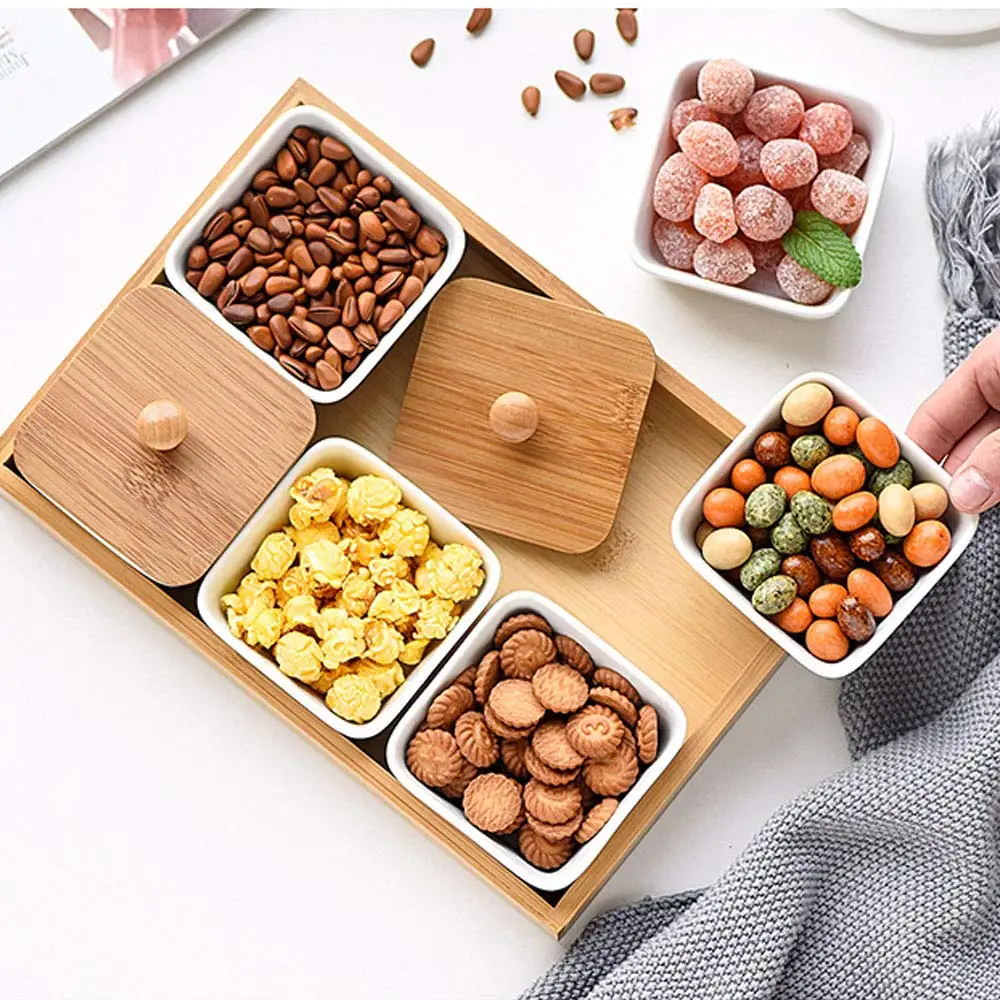 Белые фарфоровые миски для закусок, бамбуковые сервировочные подносы, подносы для ланча, сервировочная посуда, тапас, орехи, оливки