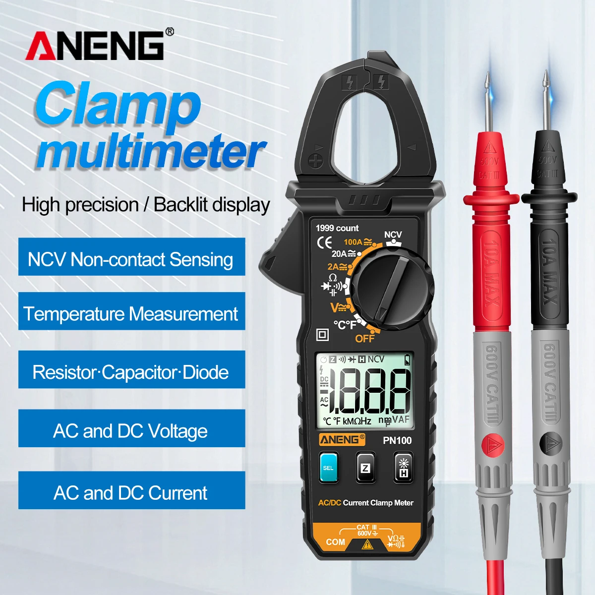 ANENG PN100 Clamp Meter 1mA Accuracy Mini Digital AC/DC Current Clamp Multimeter Resistance Frequency Tester Meter