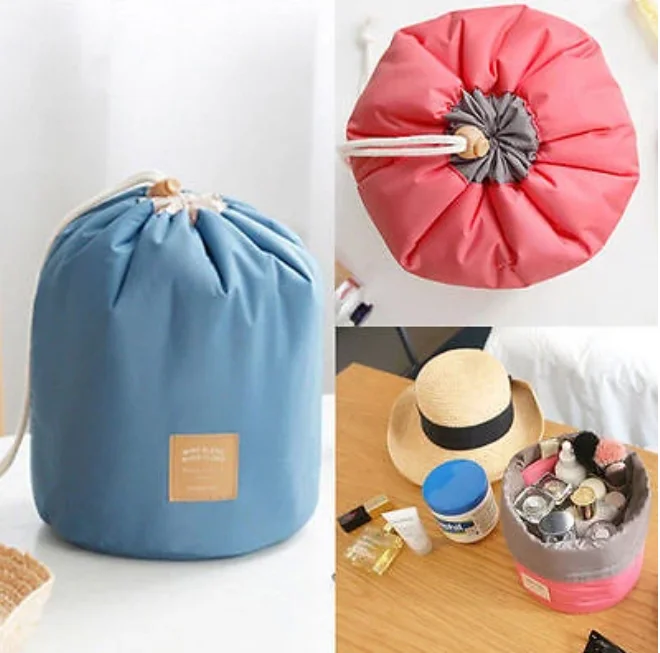 
OEM Barrel Shaped Travel Cosmetic Nylon Bag High Capacity Drawstring Elegant Drum Wash Bags 