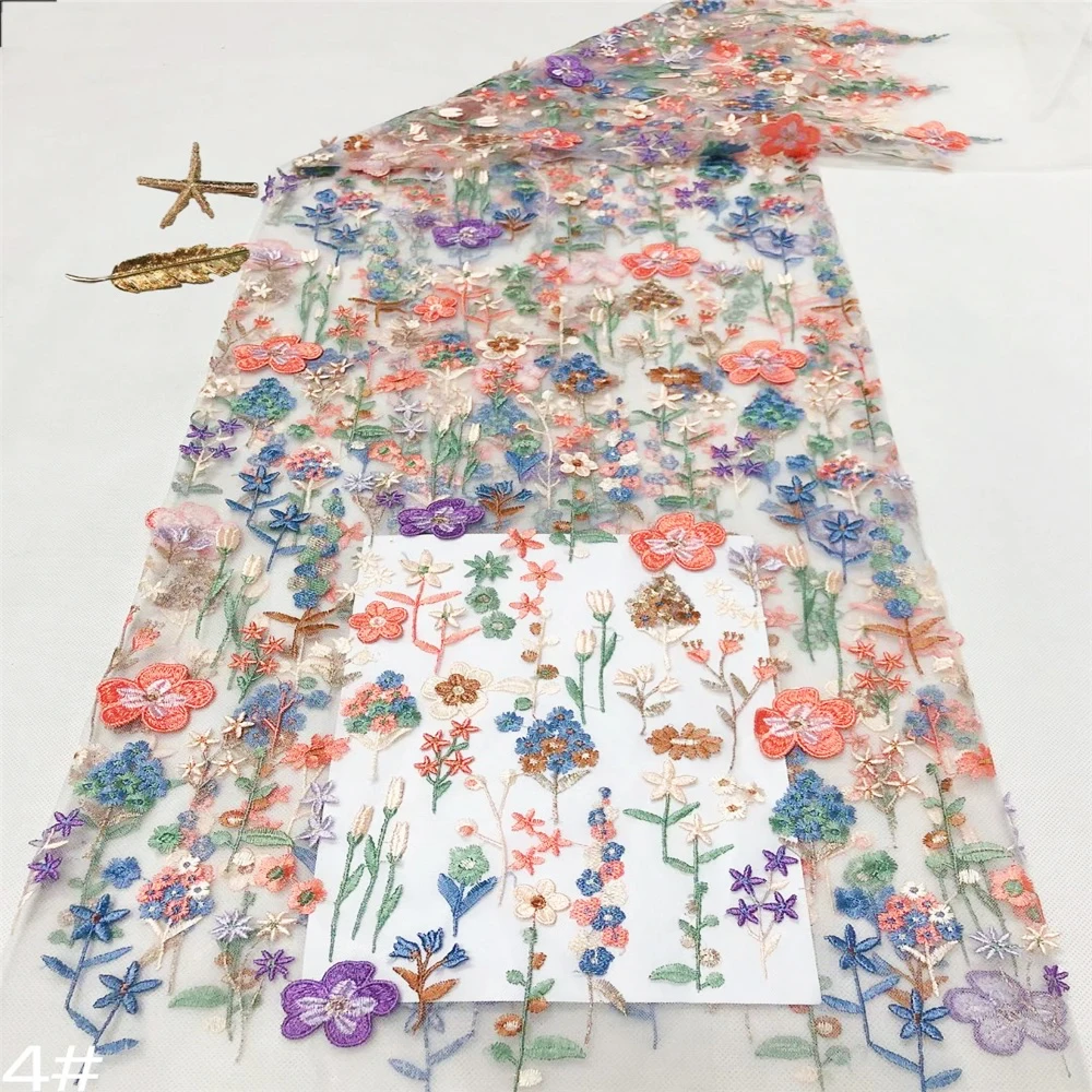 2024 New Design Embroidery Colorful Tulle 3D Floral Colorful Handmade Flower Embroidery Lace Mesh Fabric