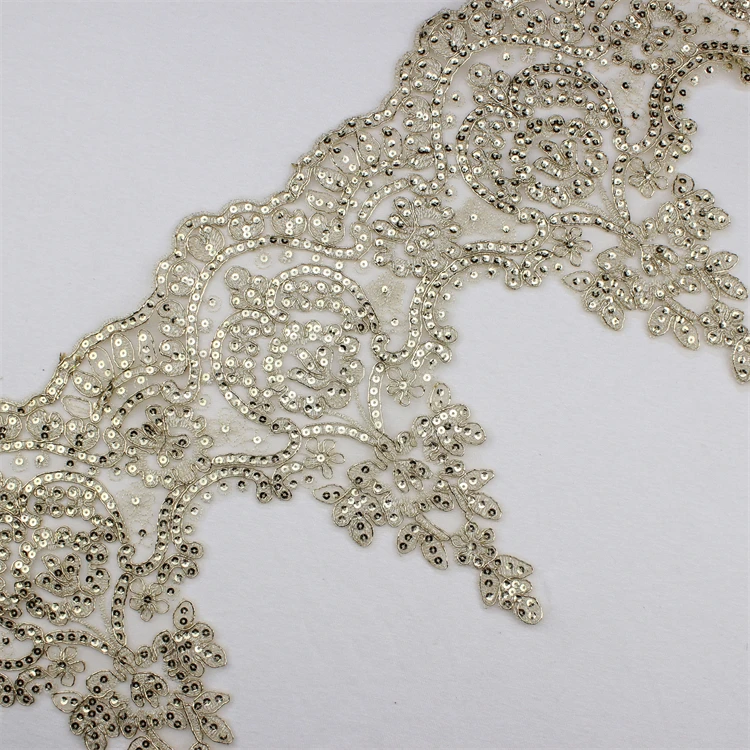 Popular Malaysia Wholesale Price Embroidered Gold Sequin Lace Fabric Embroidery Mesh Border Lace Trimming For Dress Decoration