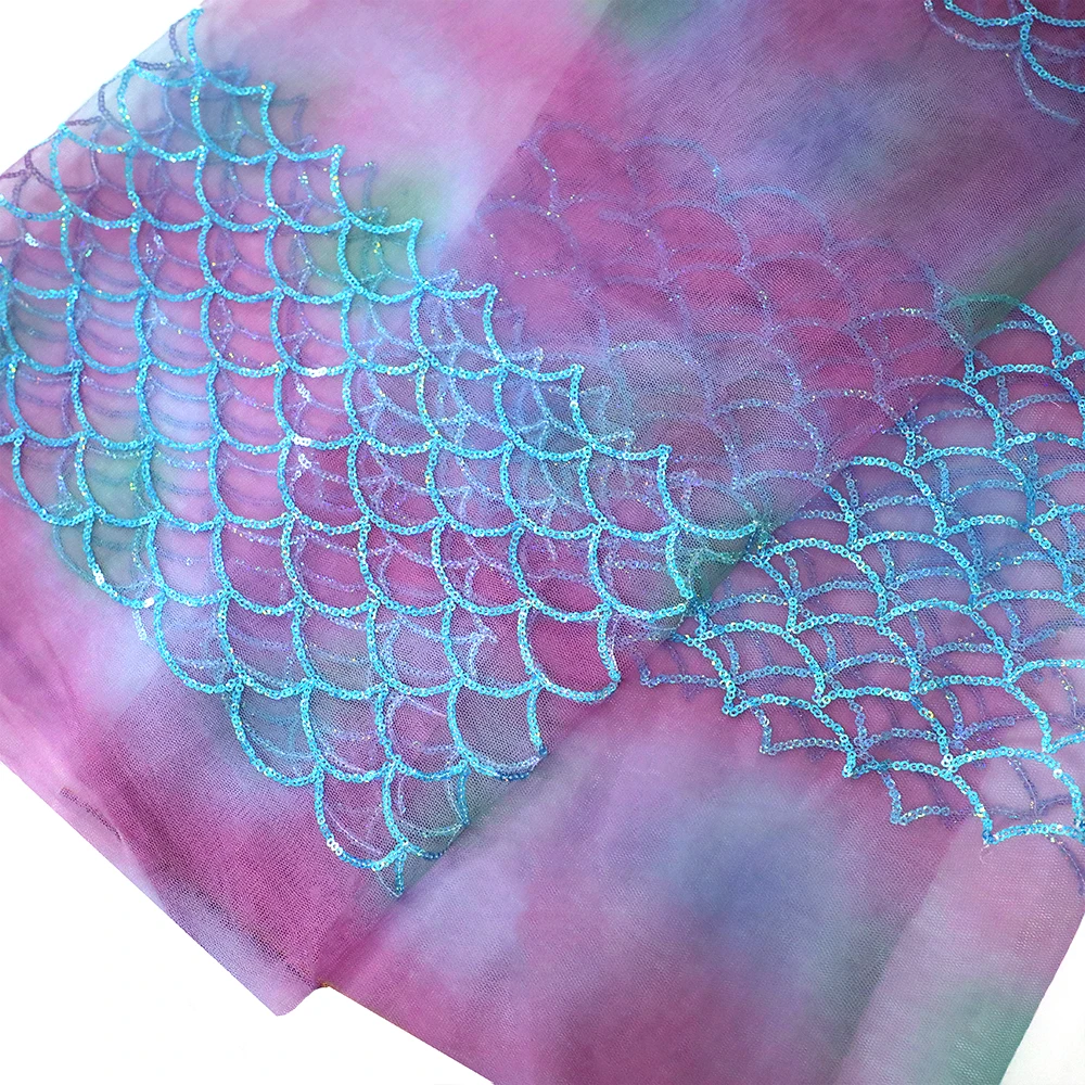 ARCHSTELLA  Mermaid scales sequins on printed tulle shiny evening dress fabric