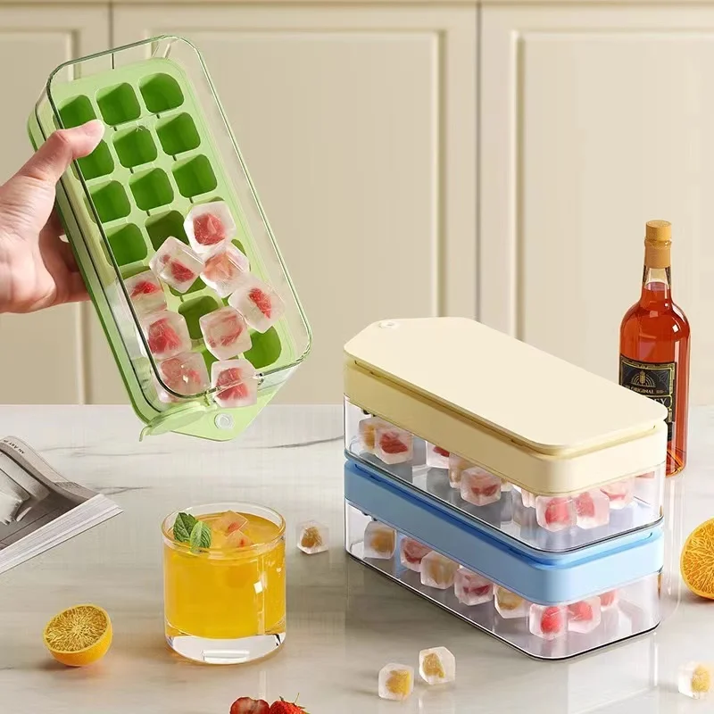 Hot Selling Household Storage Ice Cube Box Food Grade Ice Making Easy Press Silicone Ice Cube Tray Mold With Lid