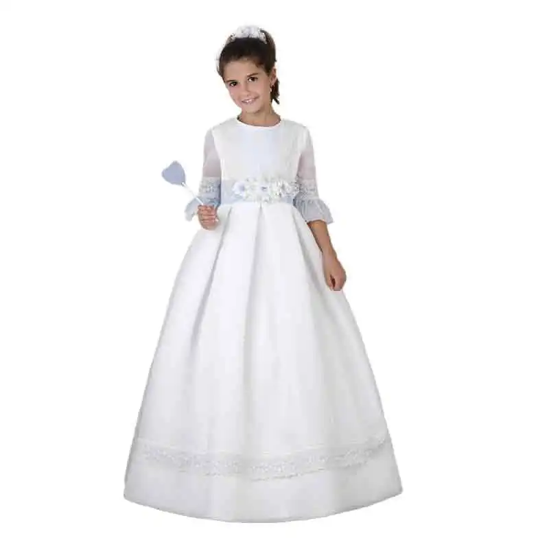 high quality flowers appliques holy first communion dresses big bow 6-12yrs girls gown floor length flower girl dress with lace