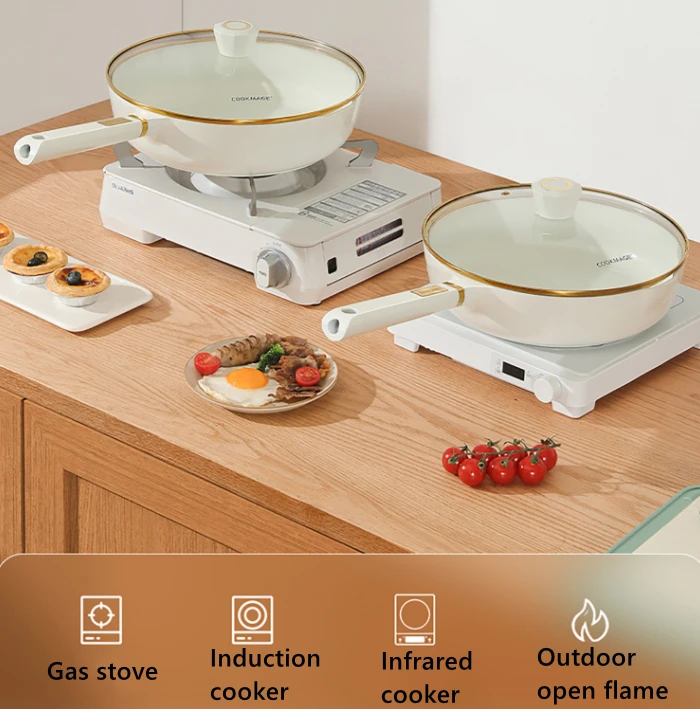 Ceramic Nonstick White Deep Frying Pan Skillet with Lid 24/28/30cm