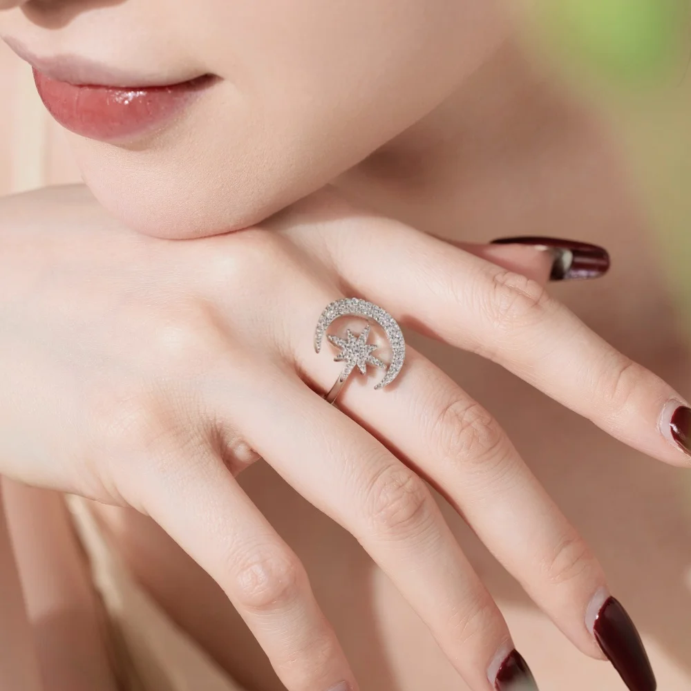Dylam Trending Design Fashion Fine Jewelry Sterling Silver Gold Plated 5A Zirconia Universe Crescent Moon Star Octet Open Rings