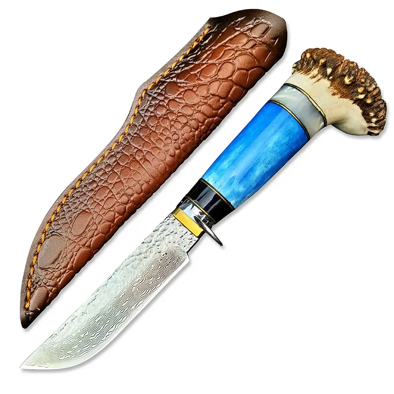 Collection knife Damascus outdoor hunting and rescue cowhide scabbard deer horn bone handle fixed knife