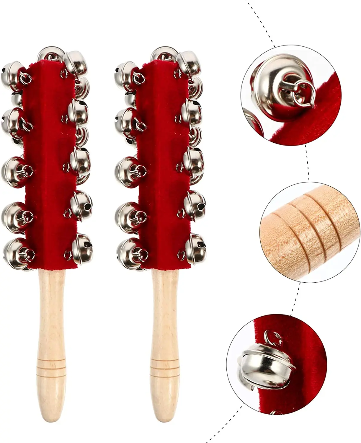 Red Wooden Hand Shake Baby Rattles Toy Wood Jingle Bells Sticks  21 bells Percussion Music Toy