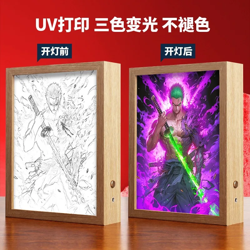 Luffy  Led Decorative Light Painting Lamp Anime One Zoro Three Color Light Glowing Photo Frame luminous Hanging Poster