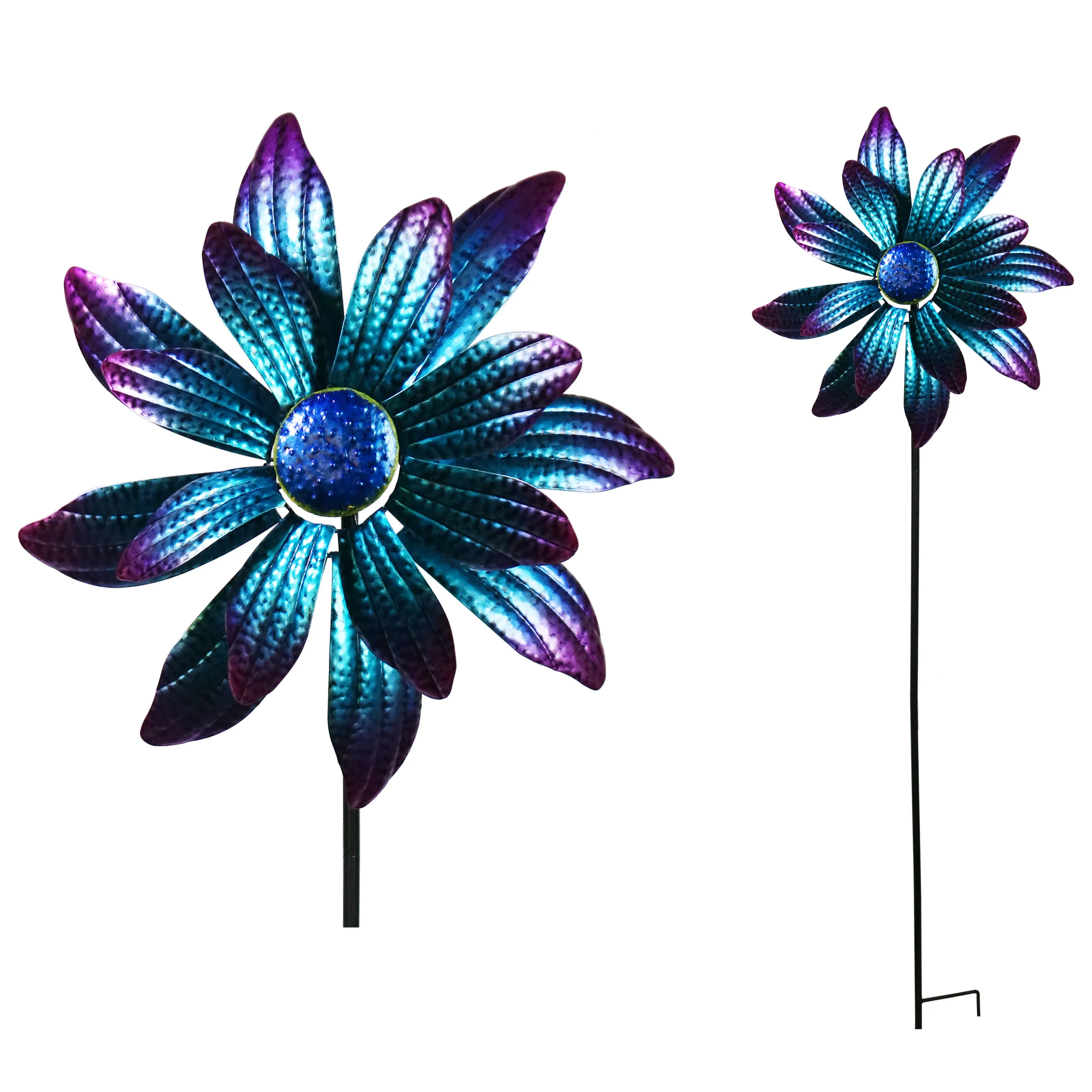 Newart custom purple 3d metal flower sculptures rotating windmill double hand craft wind spinner