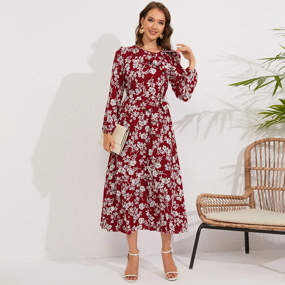 Fashion unique design bow collar women floral printed pleated hemline elegant women midi dress for autumn