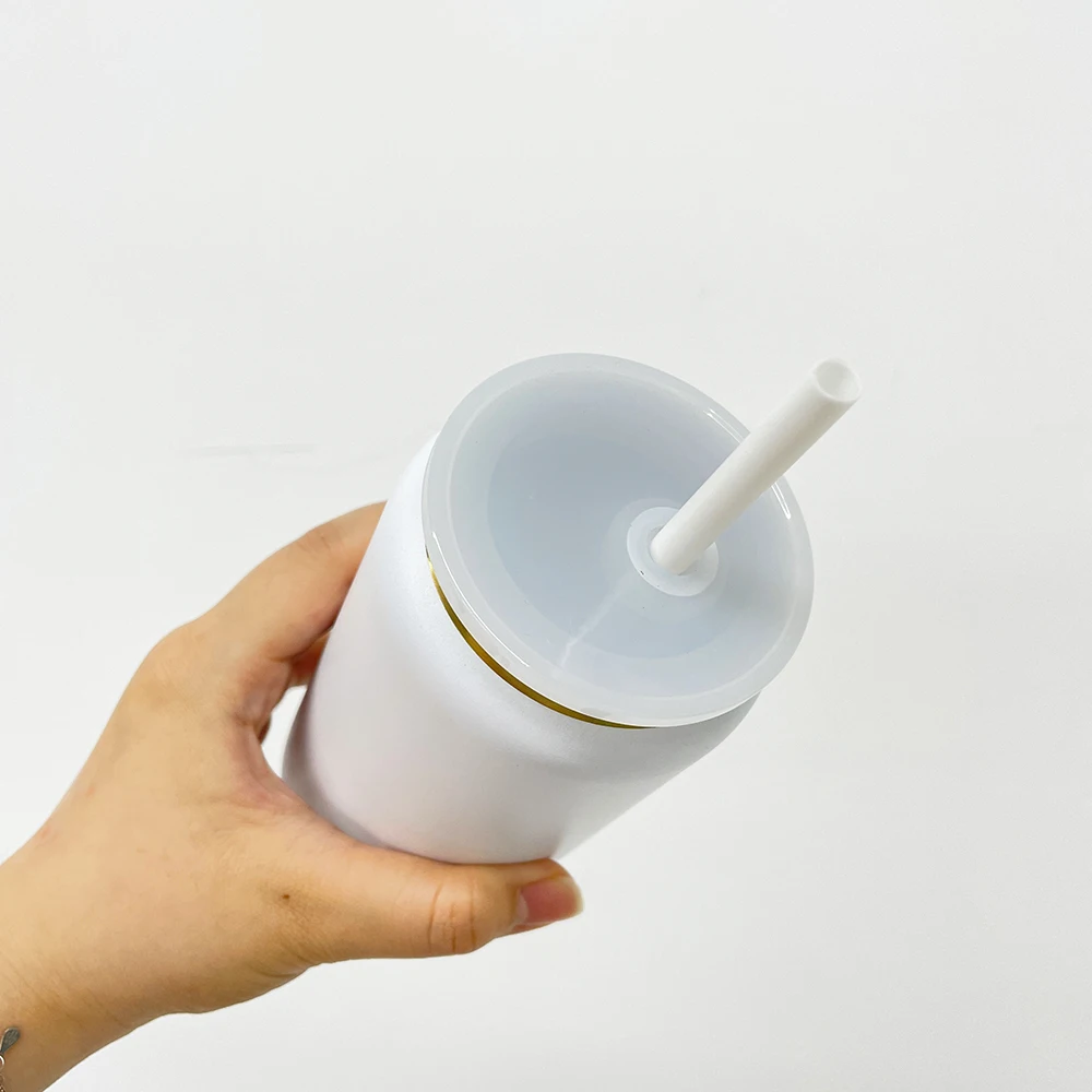 Recyclable Double Walled Vacuum Insulation powder coated gold plated 16oz stainless steel beer can with straw for laser engrave