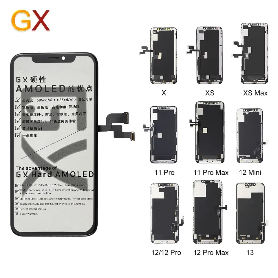Popular Soft Hard GX OLED Screen for iPhone X XS 11 12 Pro Max LCD Touch Screen For 12 13 12 Mini LCD Dsiaplay Replacement