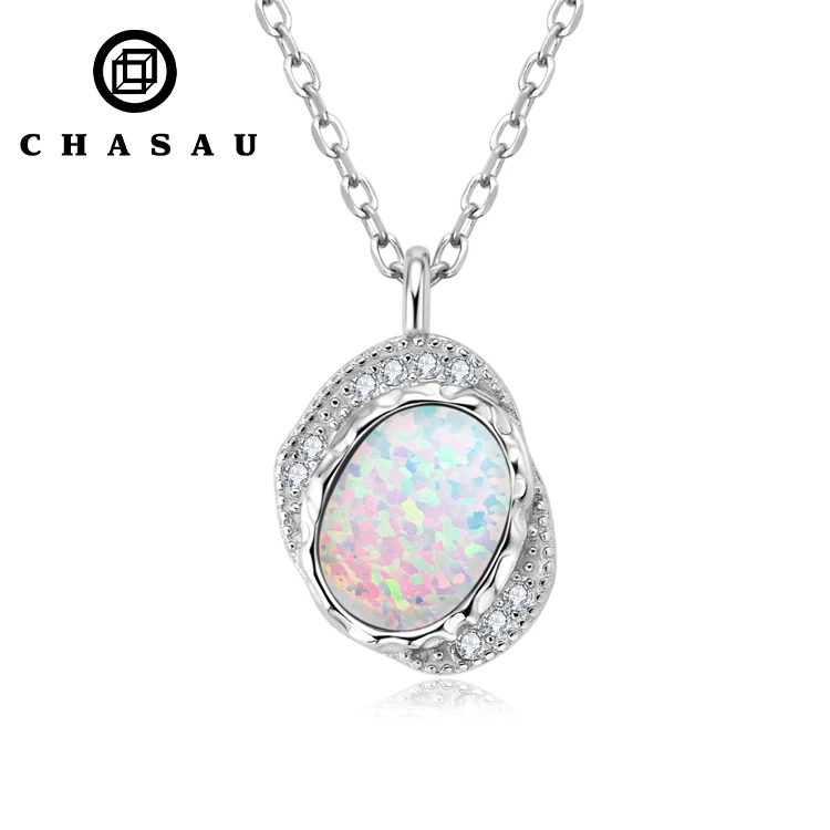 New arrival Trendy Synthetic Opal 925 Sterling Silver 8mm Oval Cut bezel Opal Pendant Necklace for women