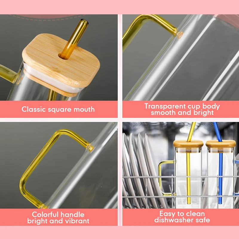400ml Clear Glassware Drinkware Iced Coffee Tea Mug Water Tumbler Dinking Glasses Jar Square Glass Cup with Lid Straw Handle