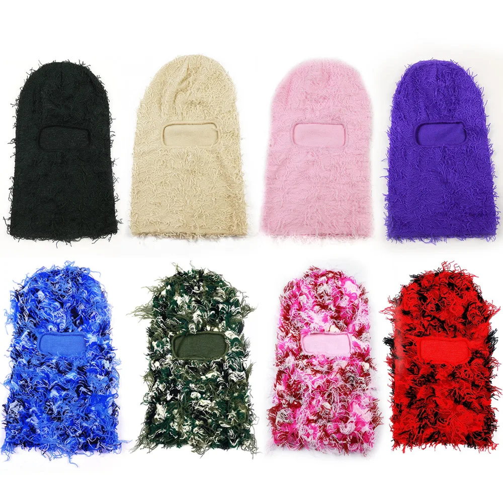 custom logo knitted balaclava wind proof winter  beanie cap Full Face mask Cover one hole distressed balaclava ski mask