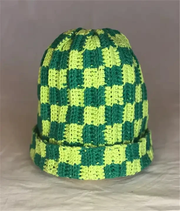 Fashion 2023 Winter Thick Crochet Knitted Cuffed Beanie Caps Handmade Checkered Beanie Hats for Women Men