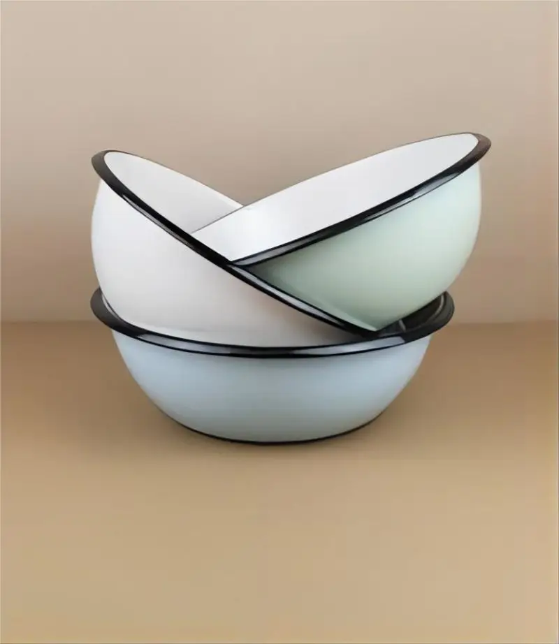 Wholesale large size solid color low price food safe printed logo camping outdoor metal enamel travel bowl