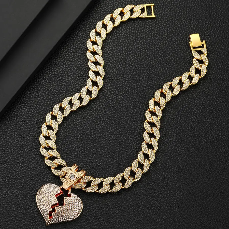 High quality rhinestone hip hop miami cuban chain heart pendant necklace jewelry for women