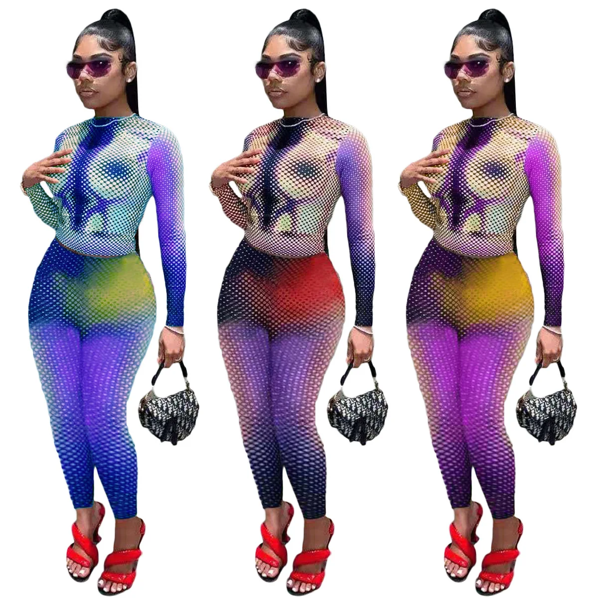 Sexy Tie Dye Two Piece Set Long Sleeve Crop Top Pencil Pants Women Y2k Clothing 2 Piece Set Leggings Matching Sets