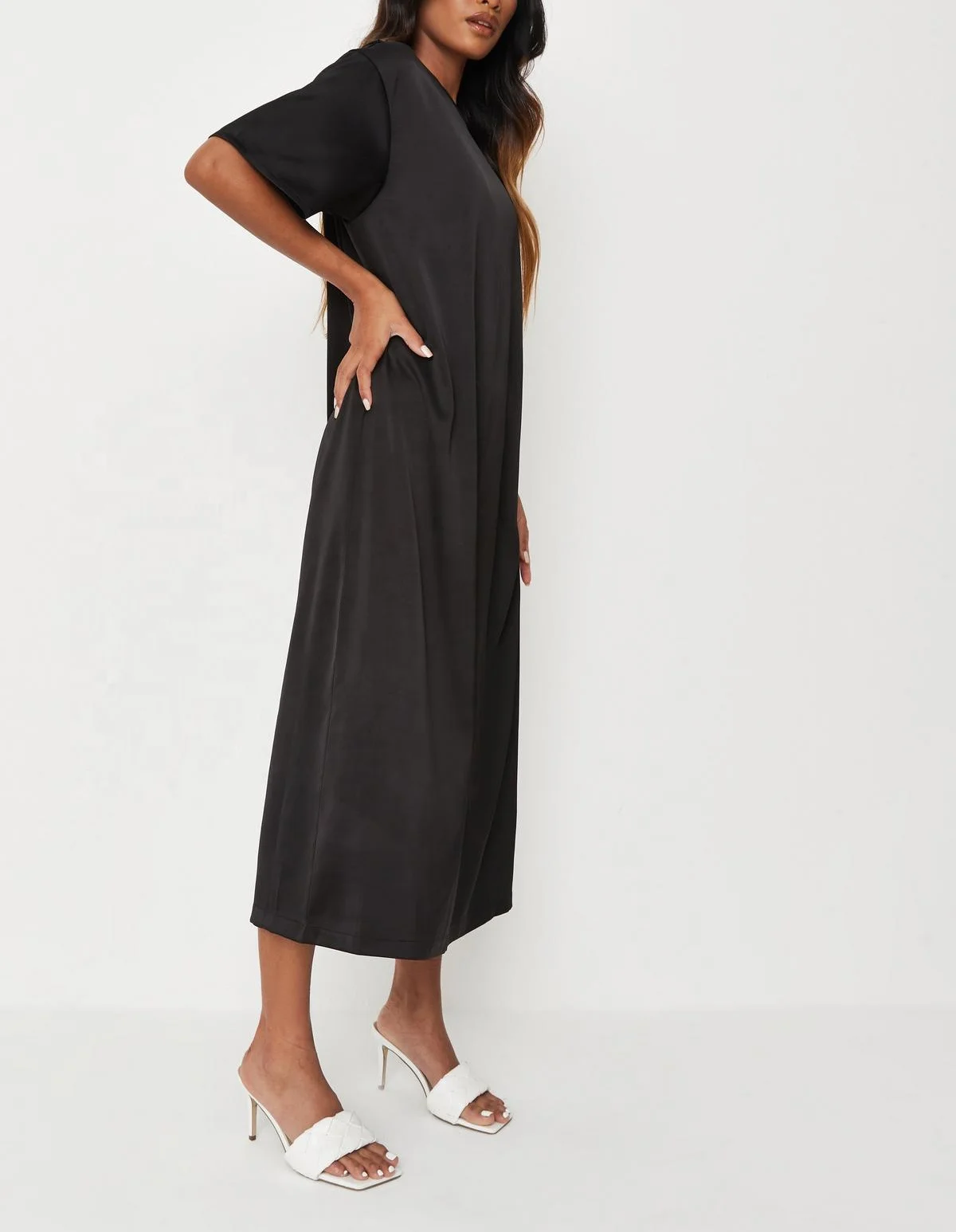 Custom wholesale simple summer short sleeve women black oversized satin mid t shirt dress